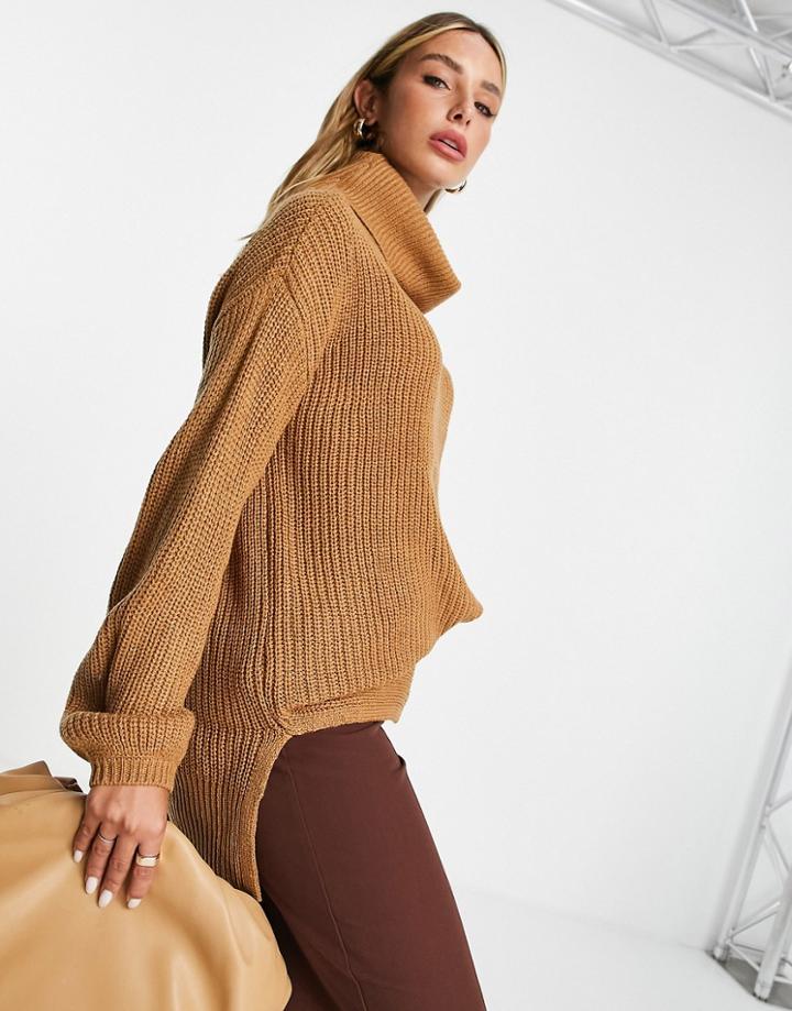 Vero Moda Wool Mix Longline Sweater With Roll Neck In Camel-neutral