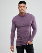 Asos Longline Muscle Fit Long Sleeve Polo In Purple - Purple