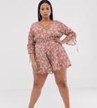 Club L Plus Tie Sleeve Printed Romper - Pink
