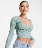 Asos Design Tall Long Sleeve Wrap Front Crop Top In Teal-green