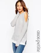 Asos Petite Sweater With Cold Shoulder And Woven Detail - Gray