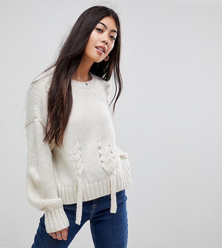 New Look Petite Cream Threaded Lace Up Sweater - Cream