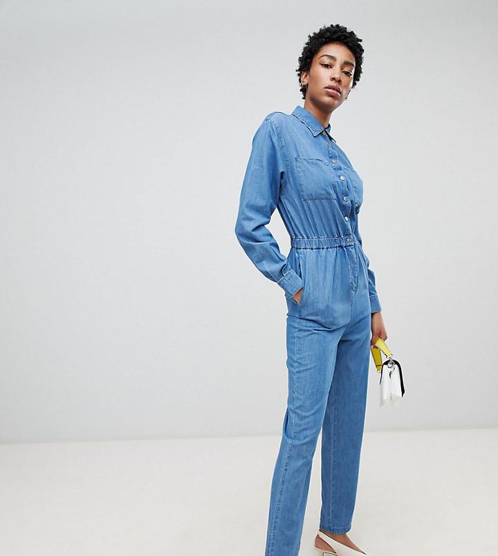 Asos Design Tall Denim Utility Jumpsuit In Blue