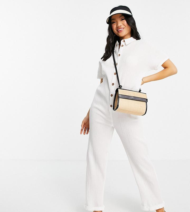 Asos Design Petite Button Through Chuck On Shirt Jumpsuit In White