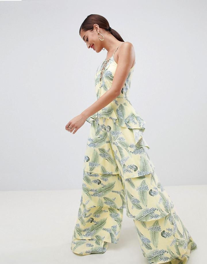 Asos Design Tiered Jumpsuit With Lace Up Front In Tropical Print - Multi