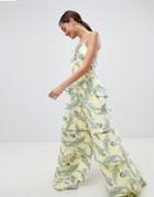 Asos Design Tiered Jumpsuit With Lace Up Front In Tropical Print - Multi