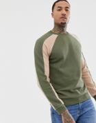 Asos Design Sweatshirt With Contrast Raglan Sleeves And Side Stripe In Khaki - Green