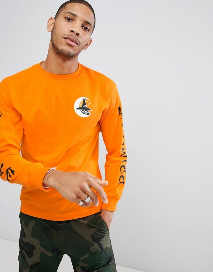 Primitive Skateboarding Long Sleeve T-shirt With Night Owl Sleeve Print - Orange