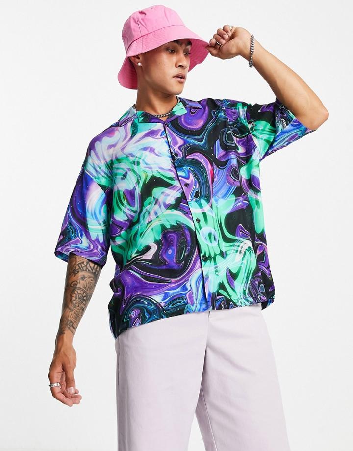 Pull & Bear Printed Shirt In Neon Marble-multi