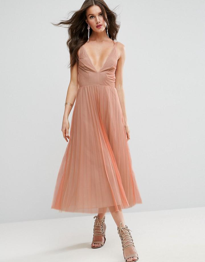 Asos Deep Plunge Cami Mesh Pleated Midi Dress - Beige