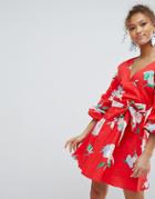 Miss Selfridge Floral Print Puff Sleeve Wrap Dress - Red
