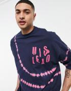 Asos Design Oversized T-shirt In Navy Tie Dye With Chest Text Print