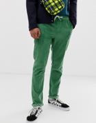 Asos Design Slim Pants With Elastic Waist In Green Cord
