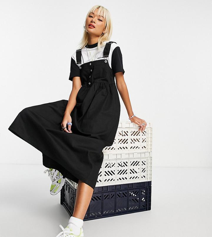 Collusion Overall Twill Smock Midi Dress In Black