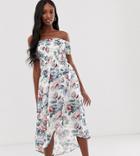 Parisian Tall Off Shoulder Midi Dress In Floral Print - White