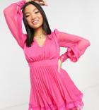 Asos Design Petite Exclusive Pleated Skater Mini Dress With Lace Detail In Hot Pink