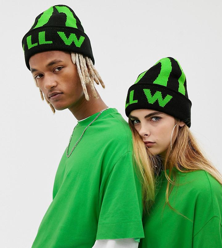 Collusion Unisex Colour Block Rib Beanie In Green And Black - Black