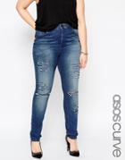 Asos Curve Ridley Skinny Jeans In Mid Wash With Extreme Rips - Blue