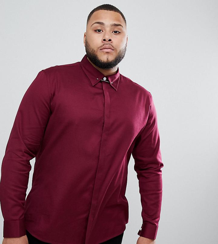 Asos Design Plus Slim Twill Shirt With Collar Bar In Burgundy - Red