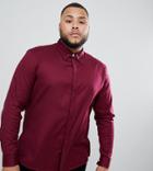 Asos Design Plus Slim Twill Shirt With Collar Bar In Burgundy - Red