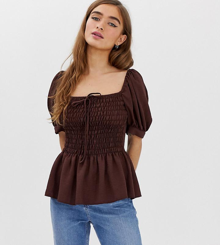 Asos Design Petite Shirred Front Square Neck Top-brown