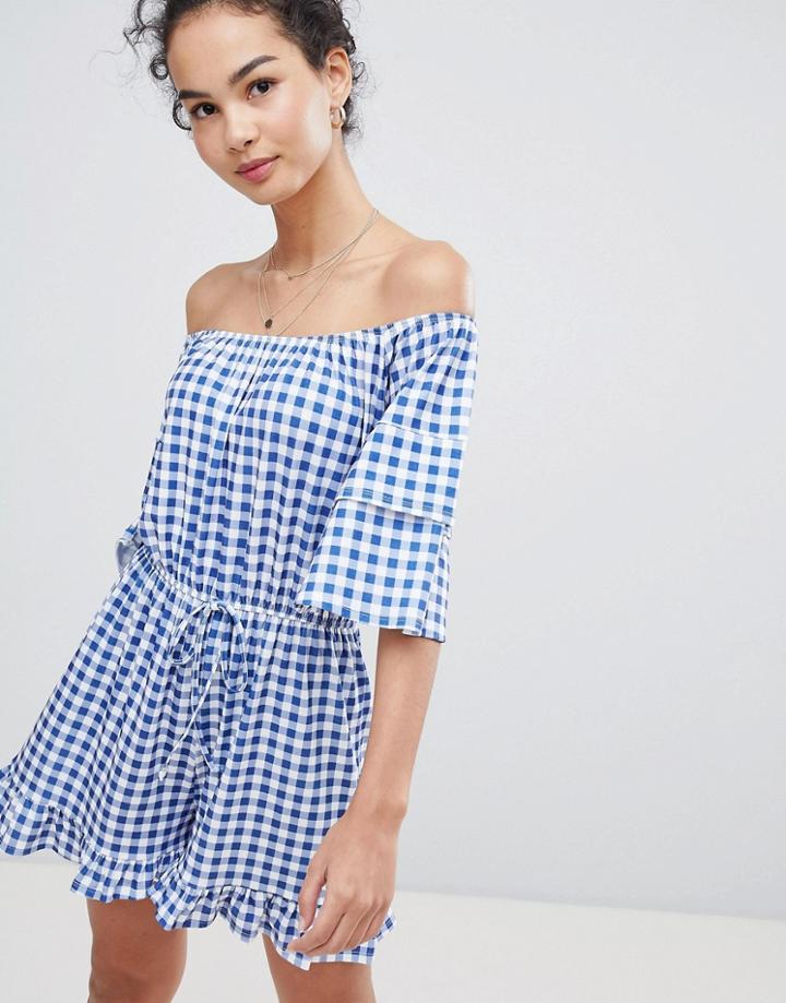Asos Design Off Shoulder Jersey Romper With Frill Hem In Gingham Print-blue