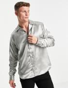 Only & Sons Oversized Satin Shirt With Revere Collar In Gray-grey