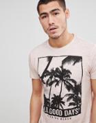 Solid Slub T-shirt With Palm Tree Print - Pink