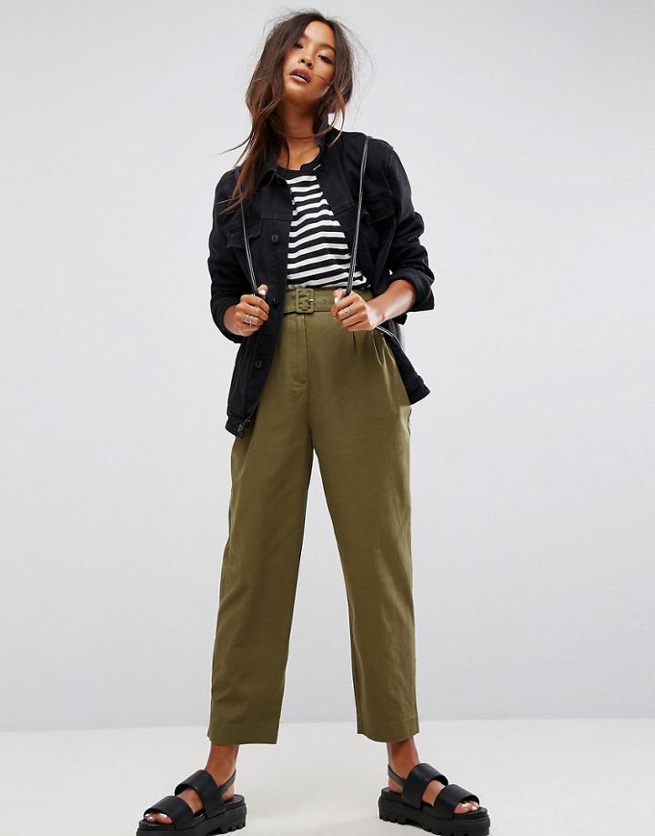 Asos Tapered High Waist Chino Pants With Belt - Green