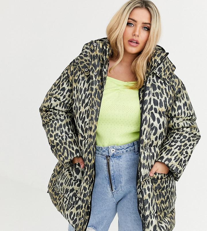 Asos Design Curve Animal Puffer Jacket With Tie Waist - Multi
