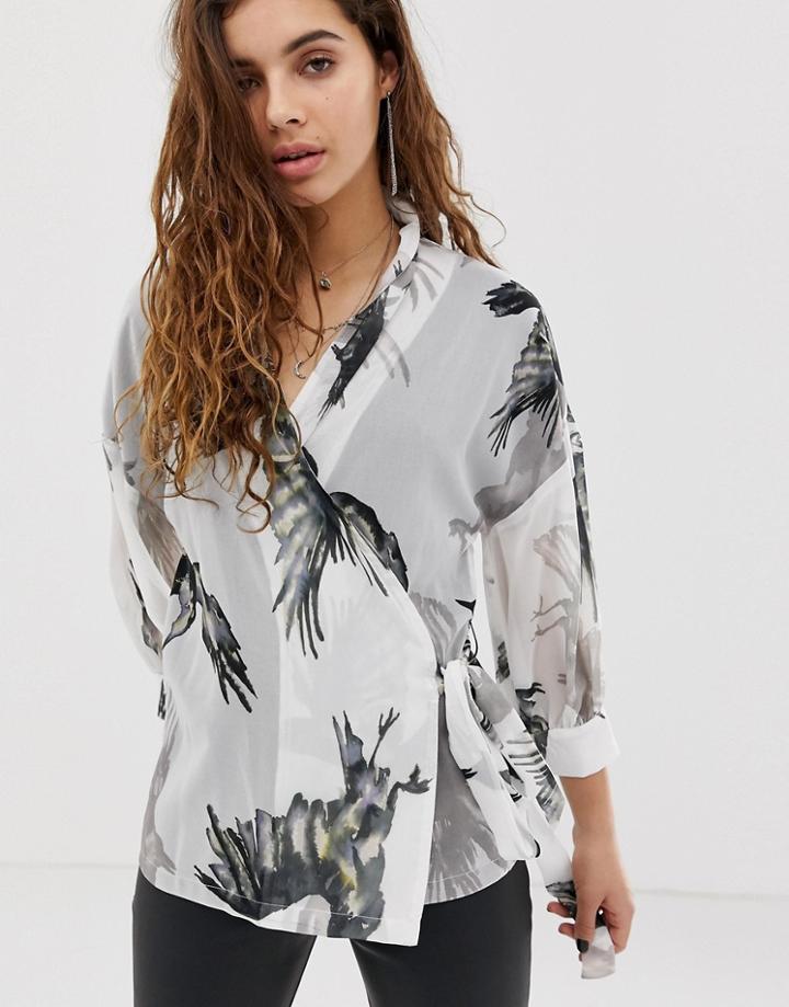 Religion Wrap Blouse In Bird Print-white