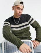 Only & Sons Textured Sweater With Chest Stripe In Khaki And Navy-green