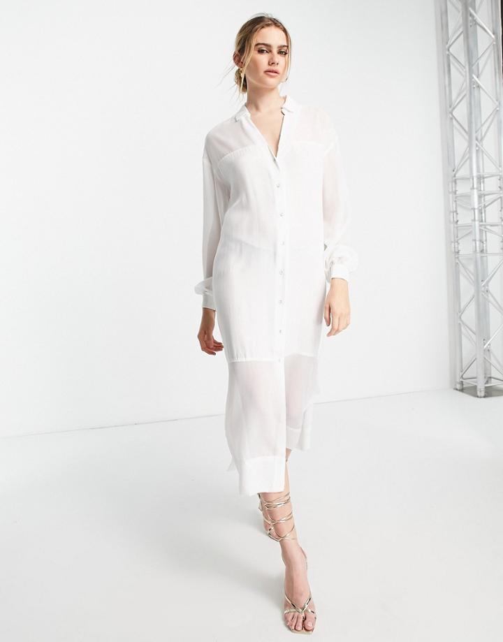 Never Fully Dressed Shirt Midi Dress With Sheer Panel In White