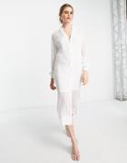 Never Fully Dressed Shirt Midi Dress With Sheer Panel In White