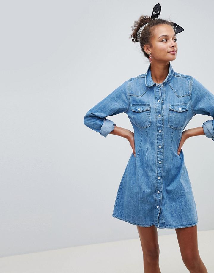 Asos Design Denim Fitted Western Shirt Dress With Seam Detail In Midwash Blue
