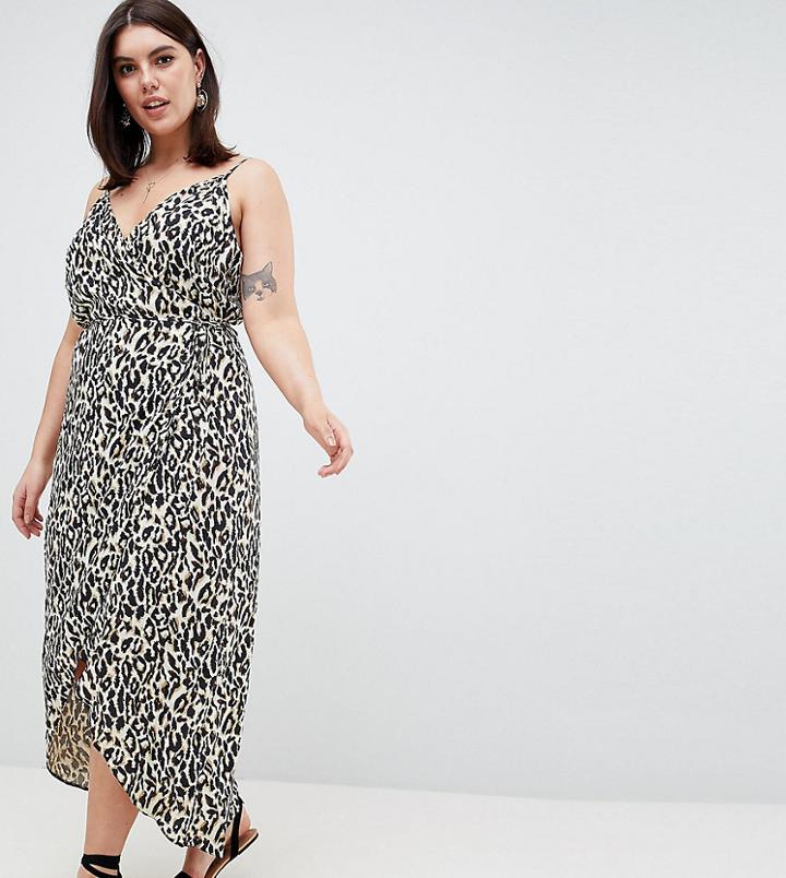 Asos Design Curve Cami Wrap Maxi Dress In Leopard Print - Multi