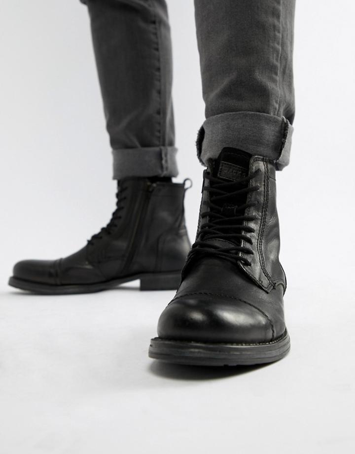Jack & Jones Leather Boot With Side Zip - Black