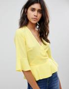 Warehouse Wrap Front Blouse With Flute Sleeve In Yellow - Yellow