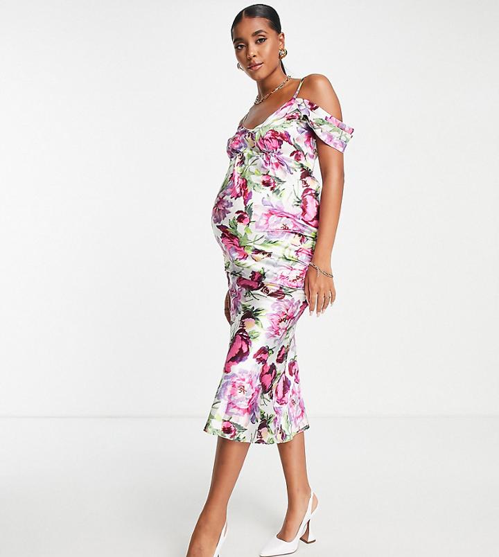 Hope & Ivy Maternity Kerry Off Shoulder Printed Dress In Pink