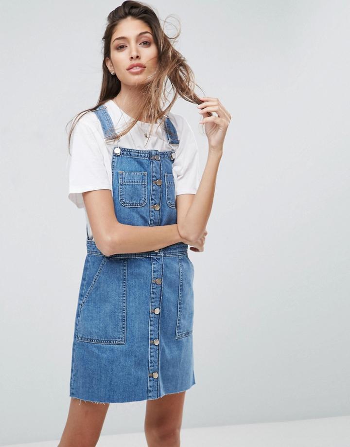 Asos Denim Overall Button Through Mini Dress In Midwash Blue - Blue