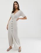 Asos Design Button Through Wrap Front Maxi Dress - Beige