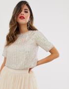 Lace & Beads Embellished Crop Top With Cap Sleeve In Pink - Pink