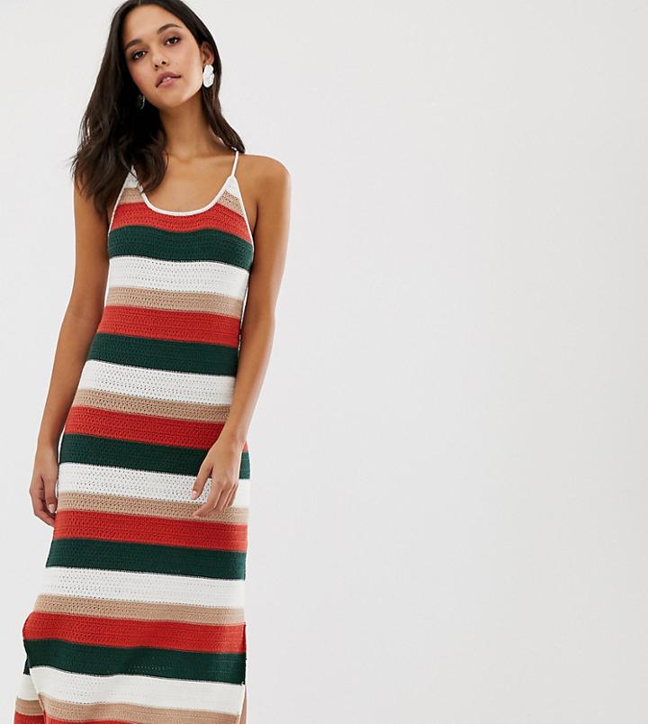 Native Youth Cami Midi Dress In Crochet Knit Stripe-multi