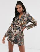Asos Design Tie Waist Jersey Suit Blazer In Black Floral - Multi