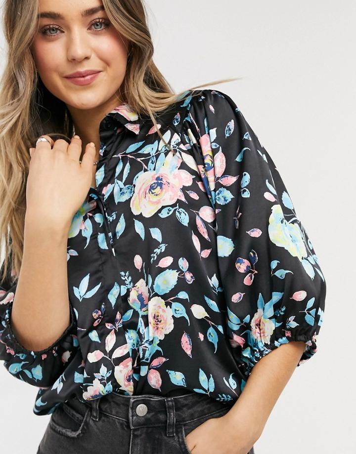 Jdy Balloon Sleeve Shirt In Black Floral Print