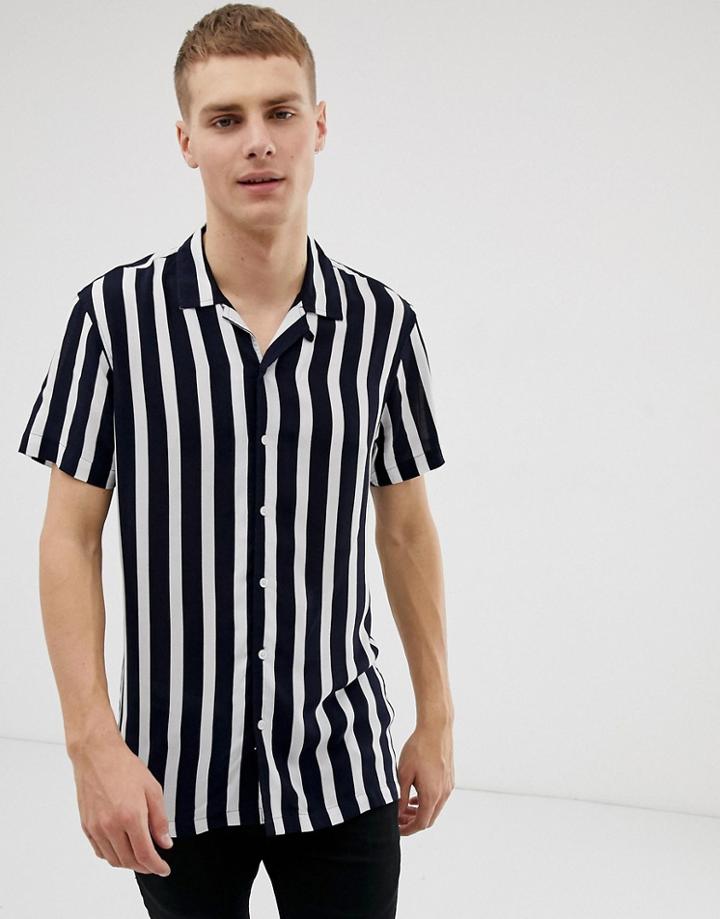 Threadbare Revere Collar Striped Short Sleeve Shirt-navy