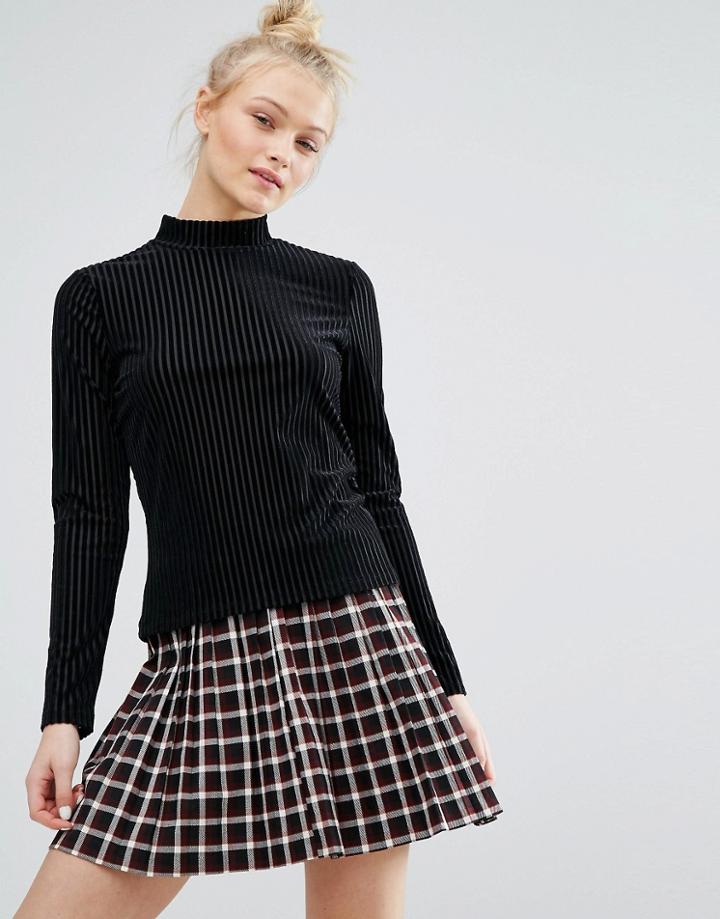 Monki Ribbed Velvet High Neck Top - Black
