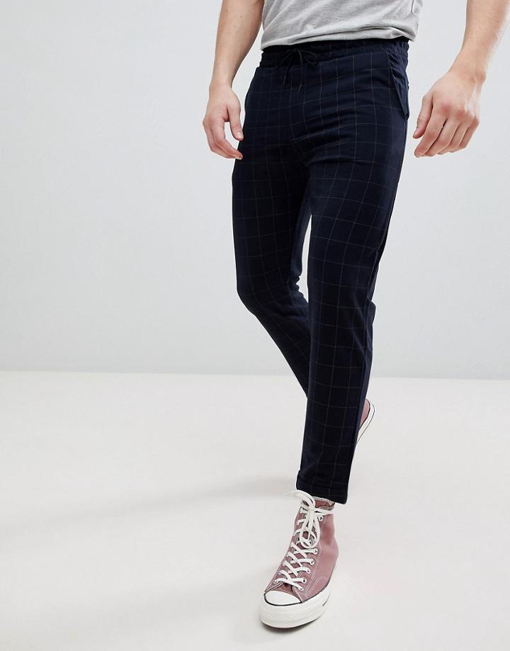 Pull & Bear Tailored Pants In Navy Check - Navy