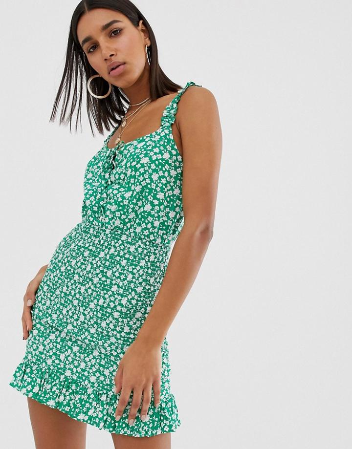 Bershka Floral Printed Shirred Dress In Green