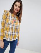 Influence Checked Embroidered Top With Frill Detail - Yellow